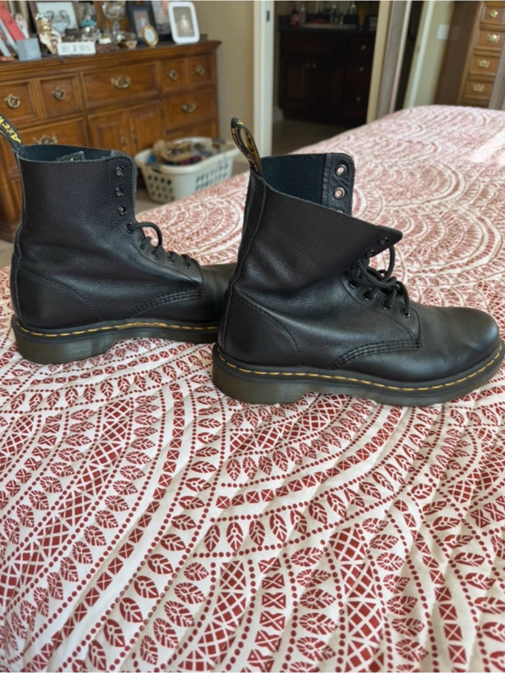 Dr. Martens Pascal Black Leather Lace-Up Combat Boots with Yellow Stitching - Picture 4 of 7